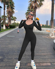 AFZ®Onesie Ribbed bust ruched with sports bra long sleeve Jumpsuits